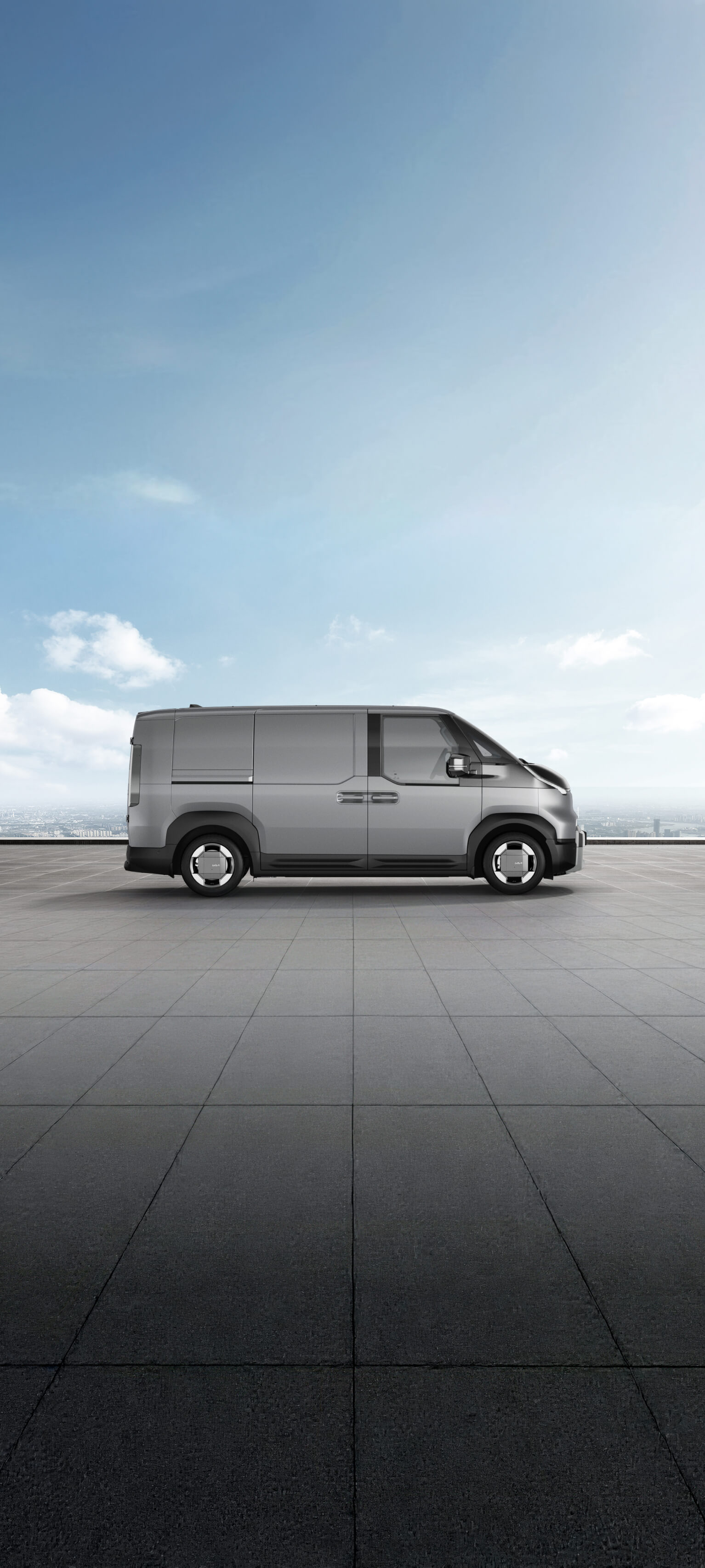 Seitenansicht des Kia PV5 Cargo in Stahlgrau Metallic auf dem Exterior Color Visualizer